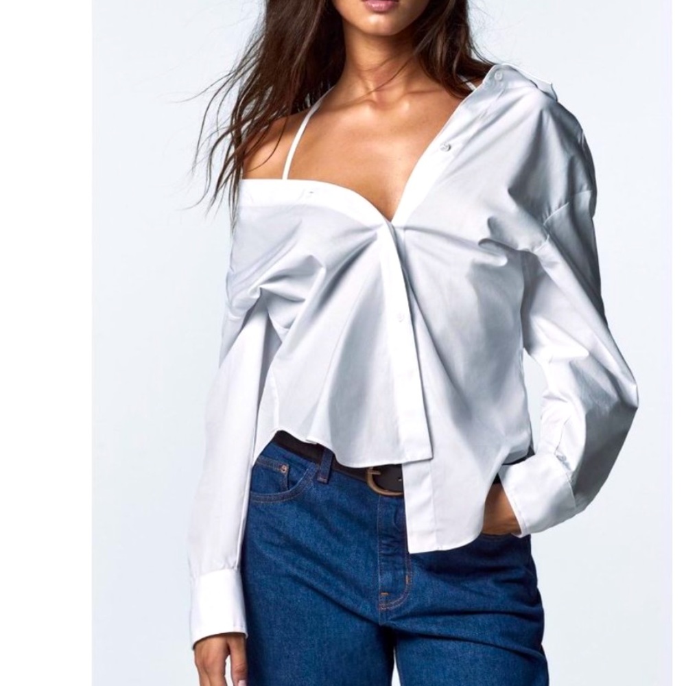 Zara White Off-Shoulder Button-Front Blouse